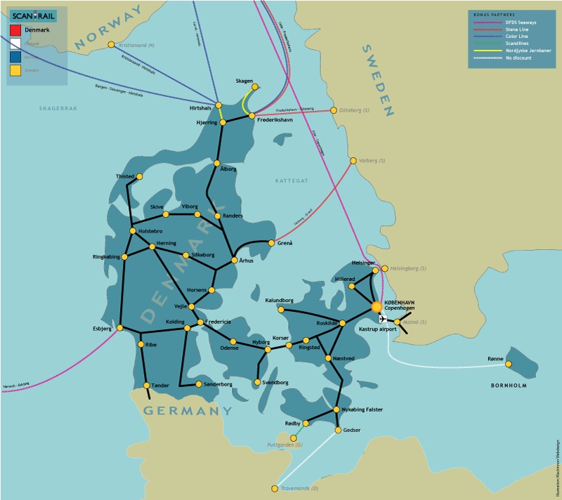 Mappa ferroviaria della Danimarca